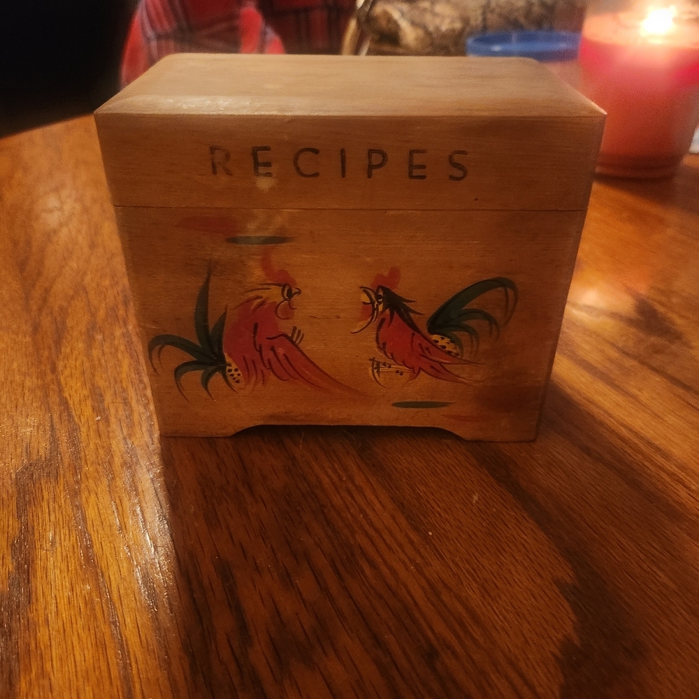 Vintage Rooster Wooden Recipe Box with Japan Chicken Folk Art Design
